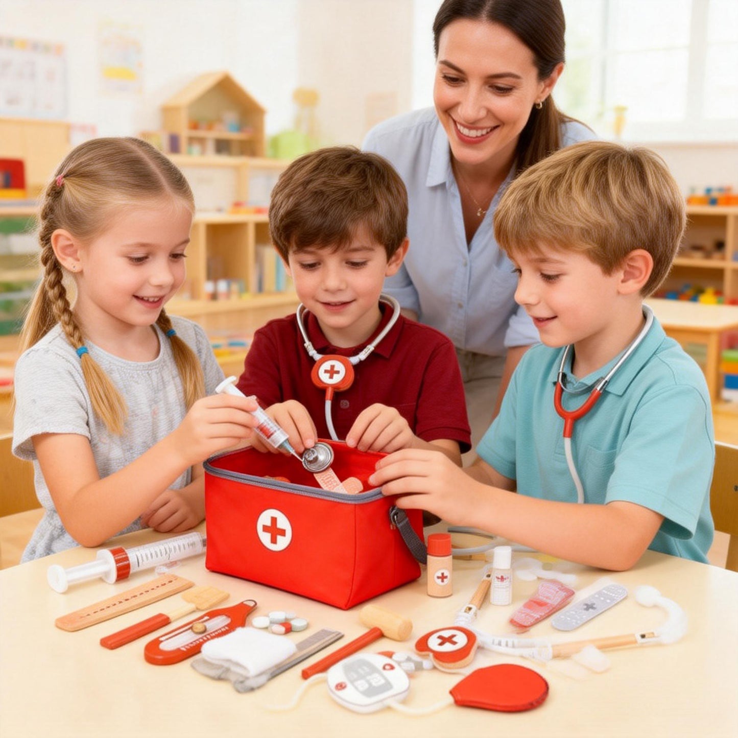 Mini Arztkoffer aus Holz – 14-teiliges Kinder-Doktorspielzeug mit Stethoskop & Blutdruckmessgerät für Rollenspiele ab 3 Jahren