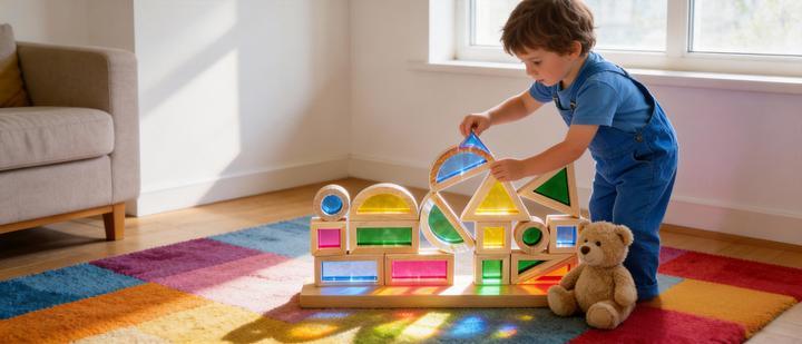 Regenbogen-Lichtblöcke (24 Stück) – Holzspielzeug für Kleinkinder zum Spielen auf Leuchttisch oder am Fenster