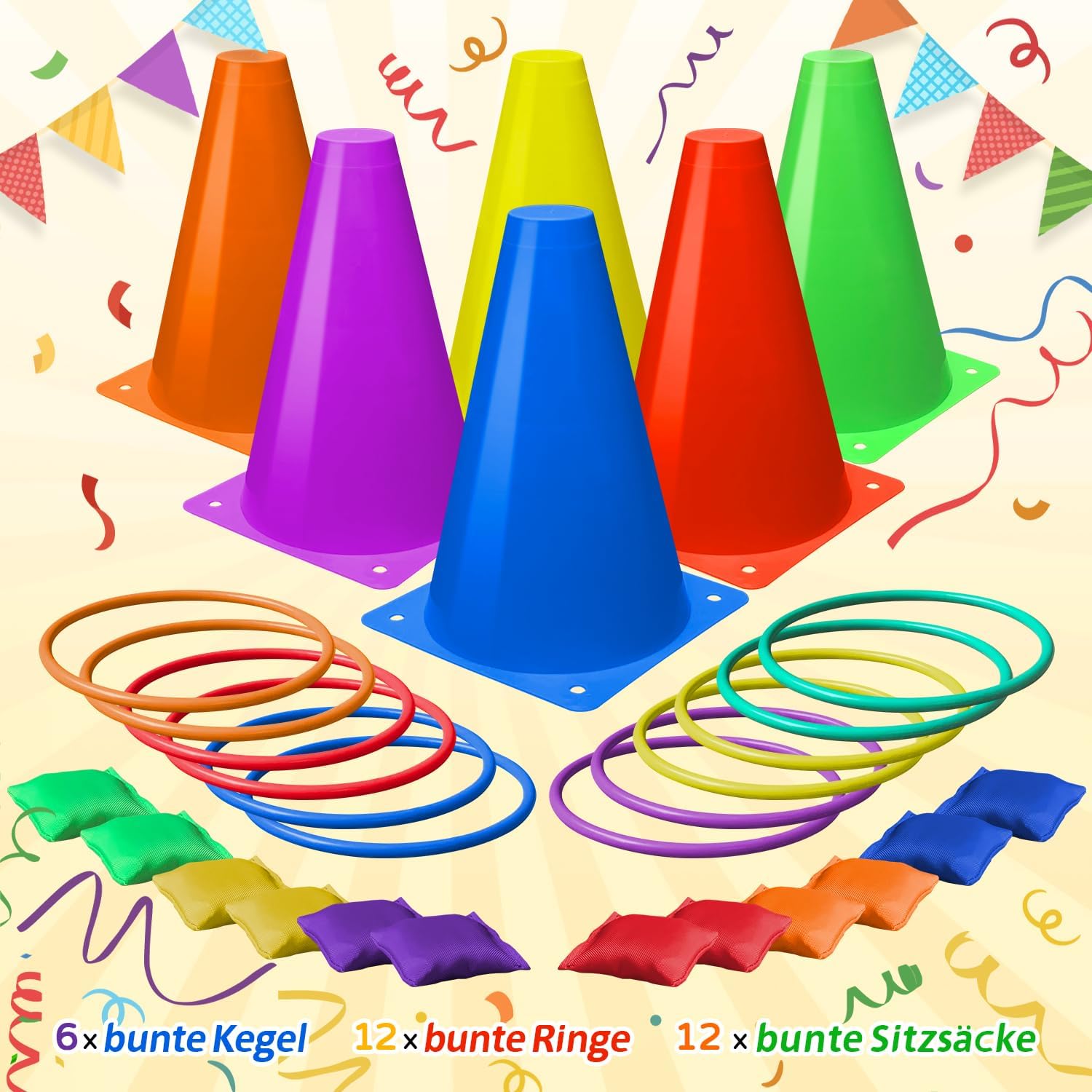 3-in-1 Outdoor Spielzeug Set – Ringwurfspiel, Sitzsäcke & Kegel Spileo