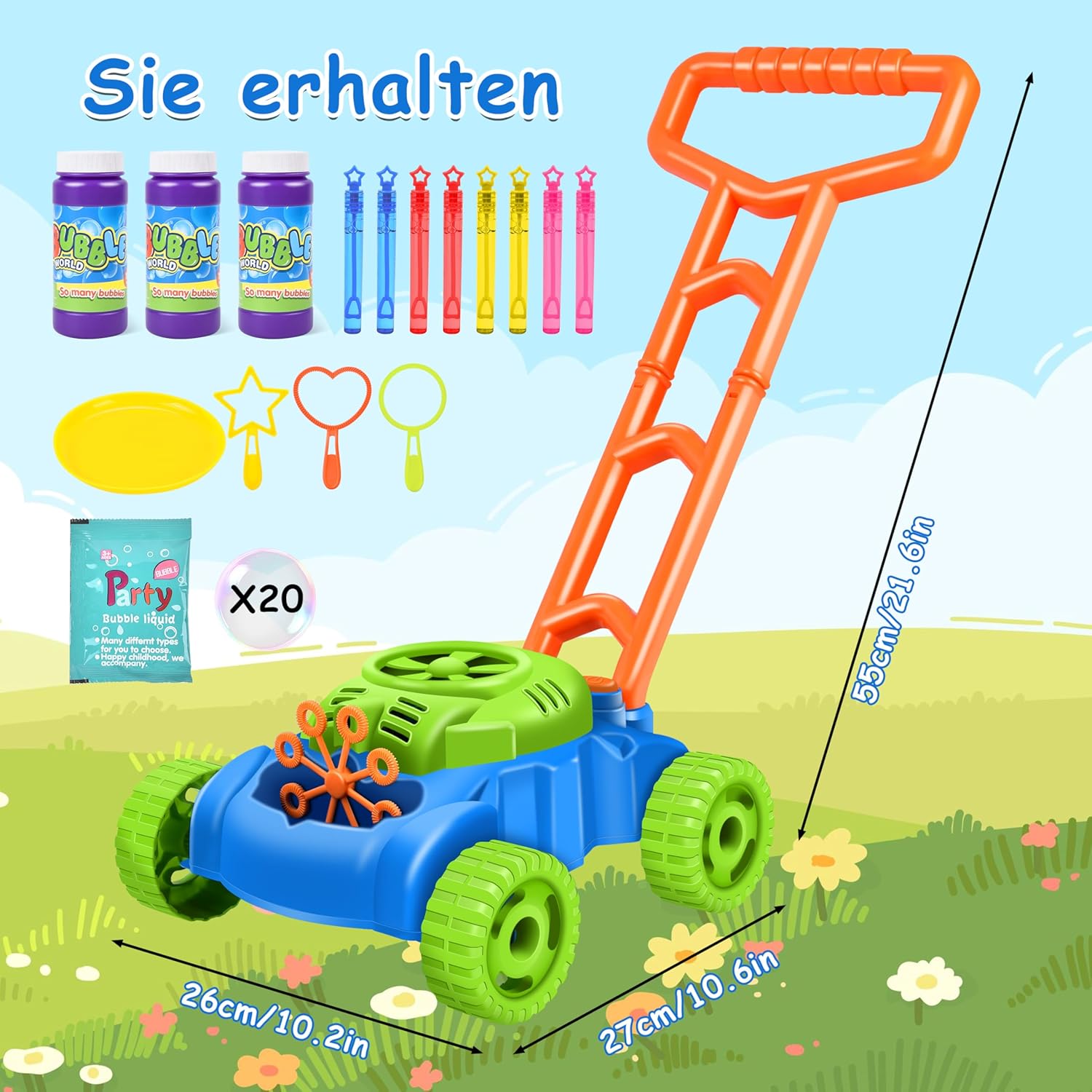 Seifenblasen-Rasenmäher für Kinder – Gartenspielzeug mit Geräusch & Blasen Spileo