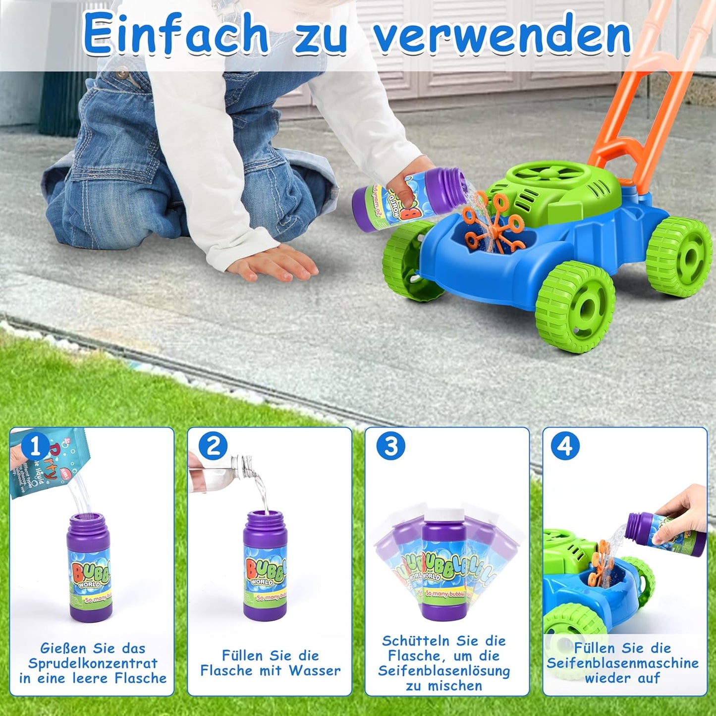 Seifenblasen-Rasenmäher für Kinder – Gartenspielzeug mit Geräusch & Blasen Spileo