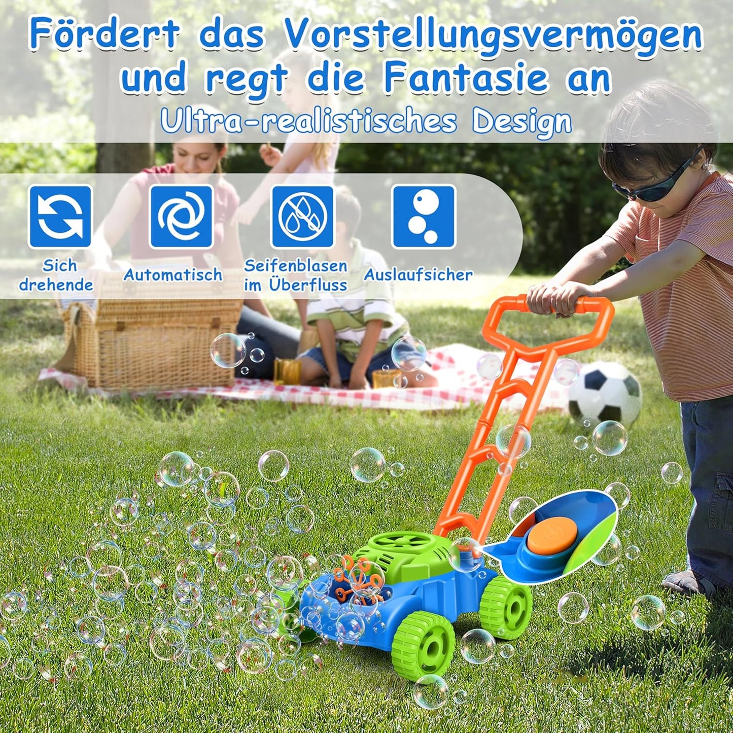Seifenblasen-Rasenmäher für Kinder – Gartenspielzeug mit Geräusch & Blasen Spileo