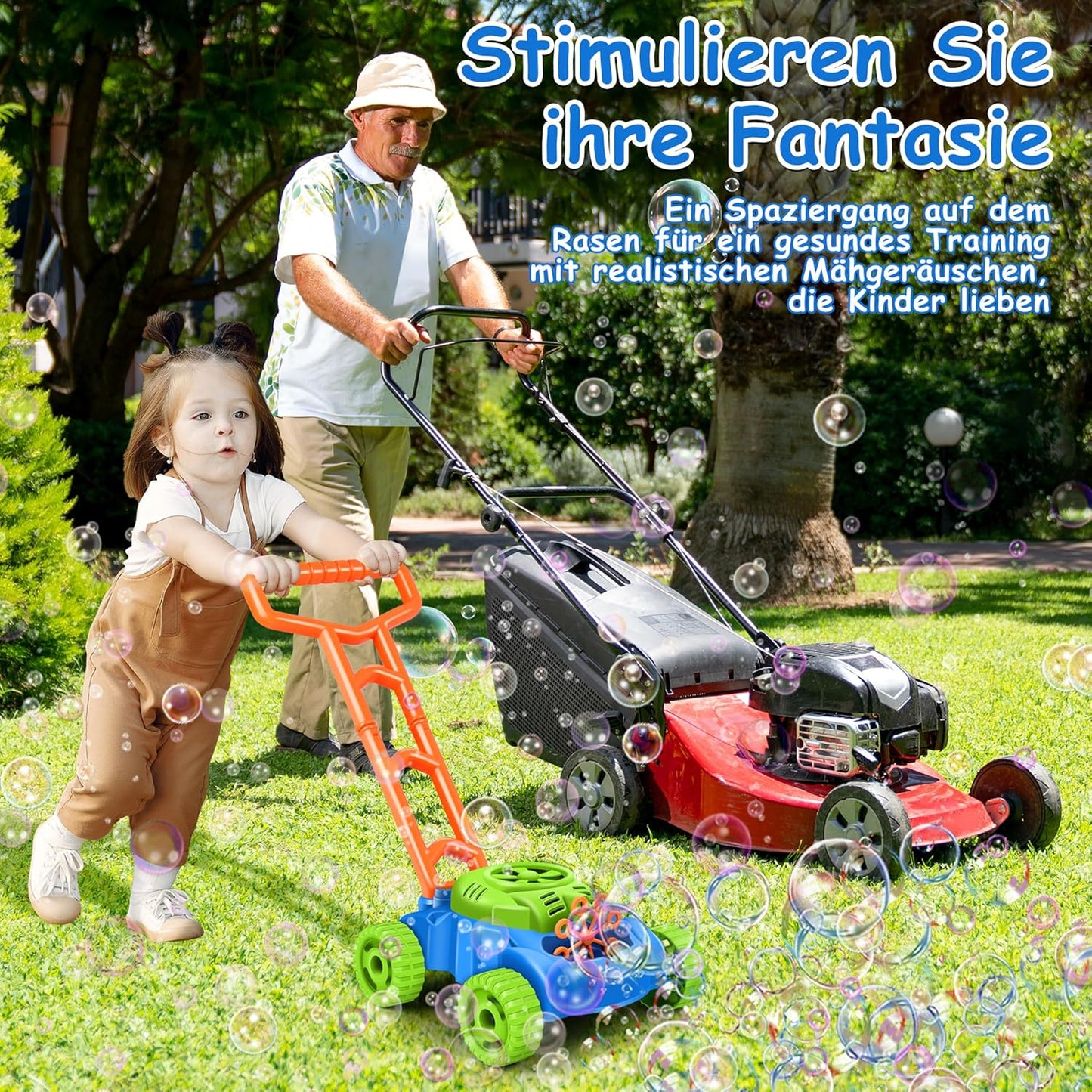 Seifenblasen-Rasenmäher für Kinder – Gartenspielzeug mit Geräusch & Blasen Spileo