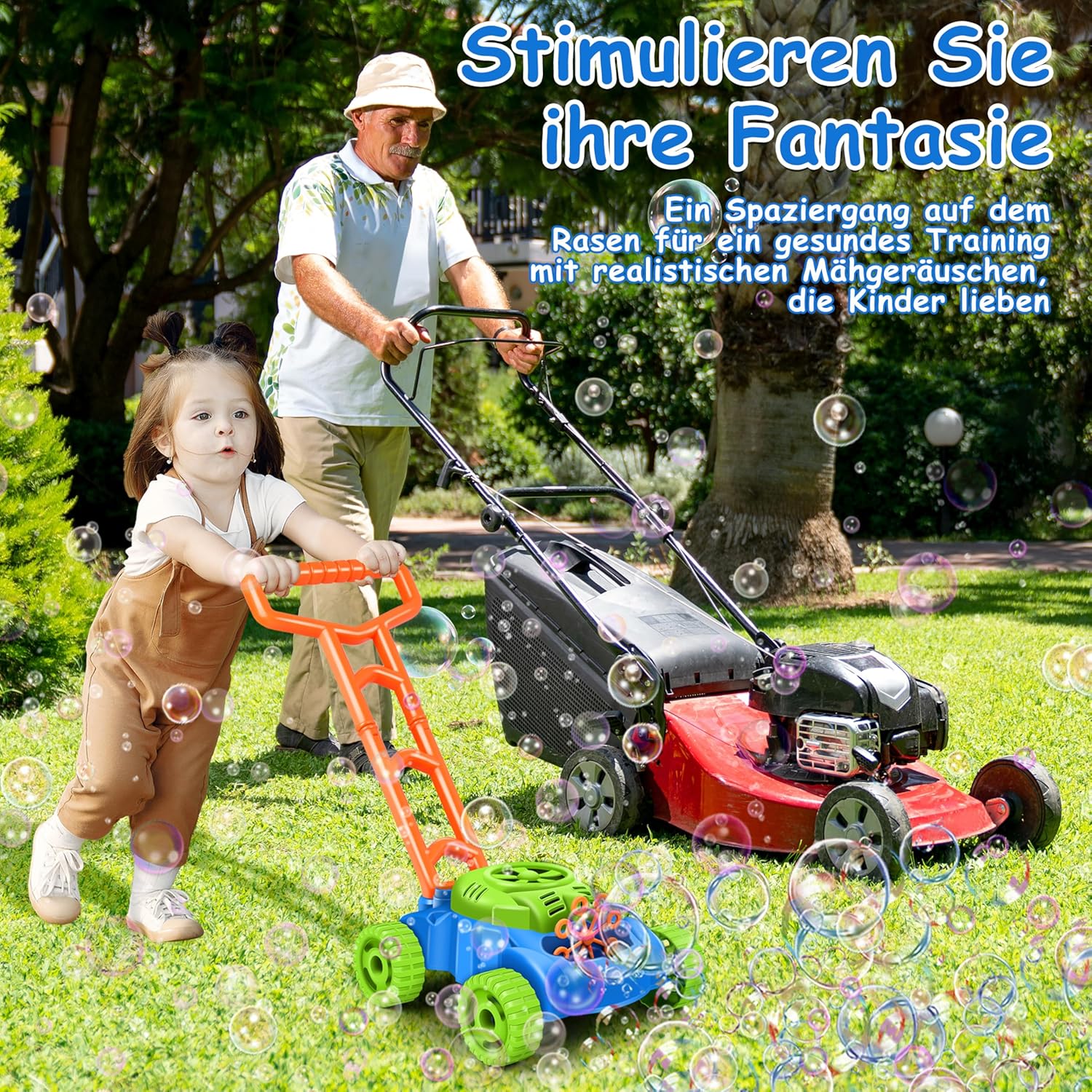 Seifenblasen-Rasenmäher für Kinder – Gartenspielzeug mit Geräusch & Blasen Spileo