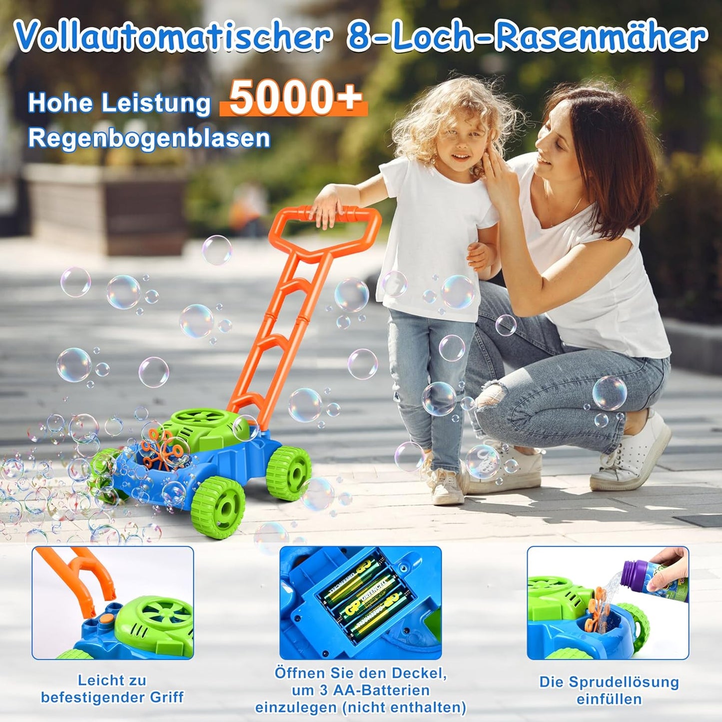 Seifenblasen-Rasenmäher für Kinder – Gartenspielzeug mit Geräusch & Blasen Spileo