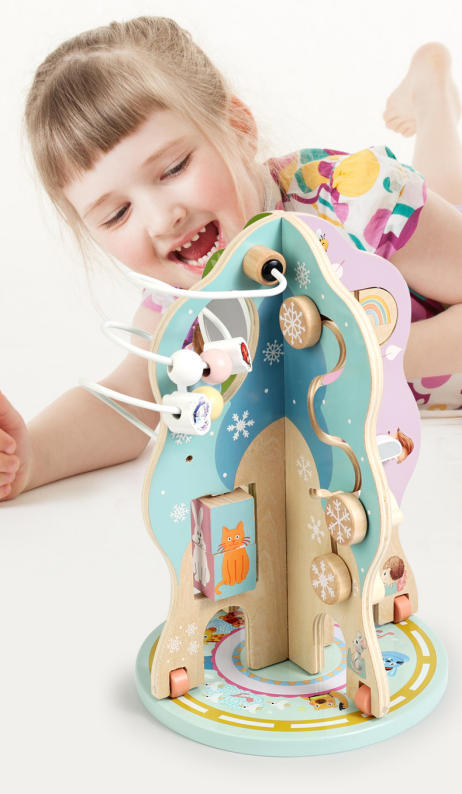 10-in-1 Aktivitätsbaum aus Holz – Montessori Lernspielzeug mit Motorikschleifen, Zahnrädern, Spiegel und Uhr für Kinder ab 12 Monaten