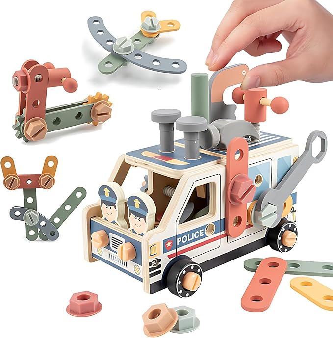 Holz-Werkzeugkoffer für Kinder ab 3 Jahren – Montessori Spielzeug mit Werkbank, Werkzeuggürtel & Spielzeug-LKW