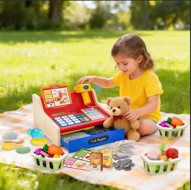 Kinderkasse aus Holz – Spielzeug-Registrierkasse mit Scanner, Soundeffekten & Zubehör für Kinder ab 3 Jahren (Rot/Blau)