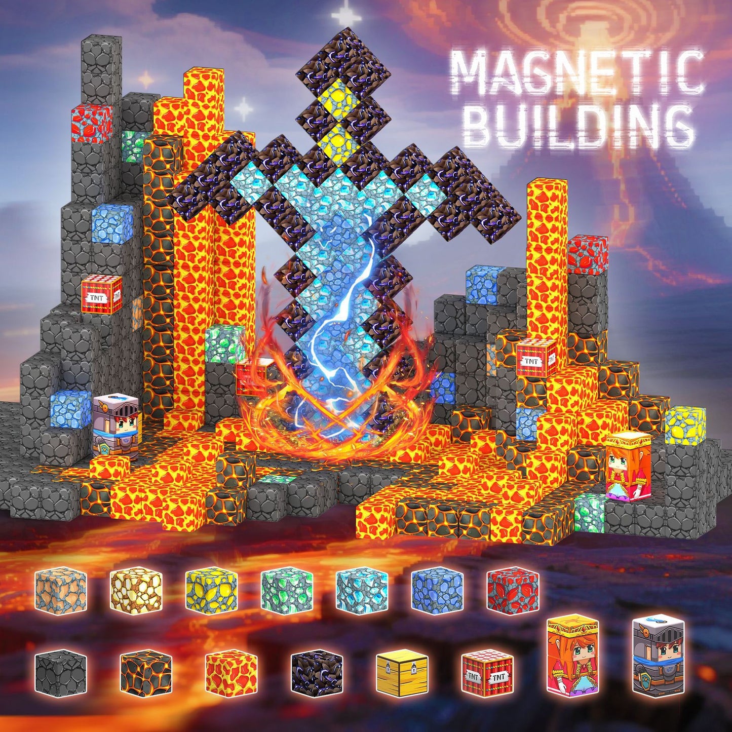 Magnetische Bausteine – Bauen Mine Magnet Welt Magie Schwert Portal Set, Bauspielzeug Magnetische Kacheln für Kinder ab 3 Jahren, Förderspielzeug Kinderspiele Geschenke für Jungen & Mädchen 3-5 5-7 - Spileo