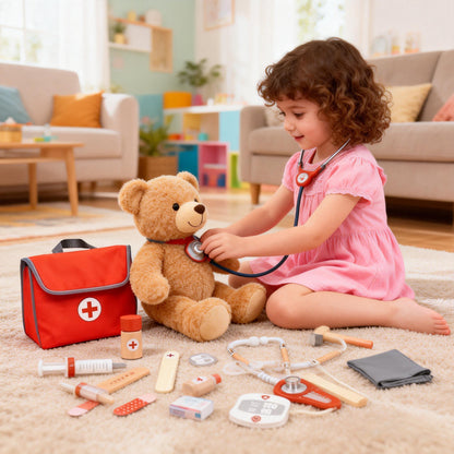 Mini Arztkoffer aus Holz – 14-teiliges Kinder-Doktorspielzeug mit Stethoskop & Blutdruckmessgerät für Rollenspiele ab 3 Jahren