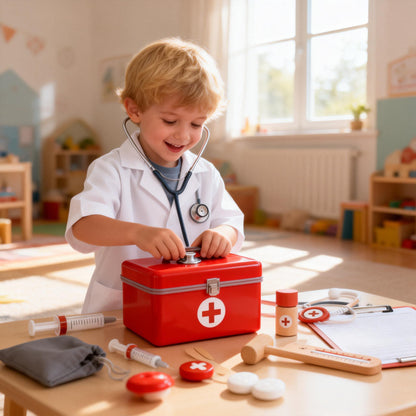 Mini Arztkoffer aus Holz – 14-teiliges Kinder-Doktorspielzeug mit Stethoskop & Blutdruckmessgerät für Rollenspiele ab 3 Jahren