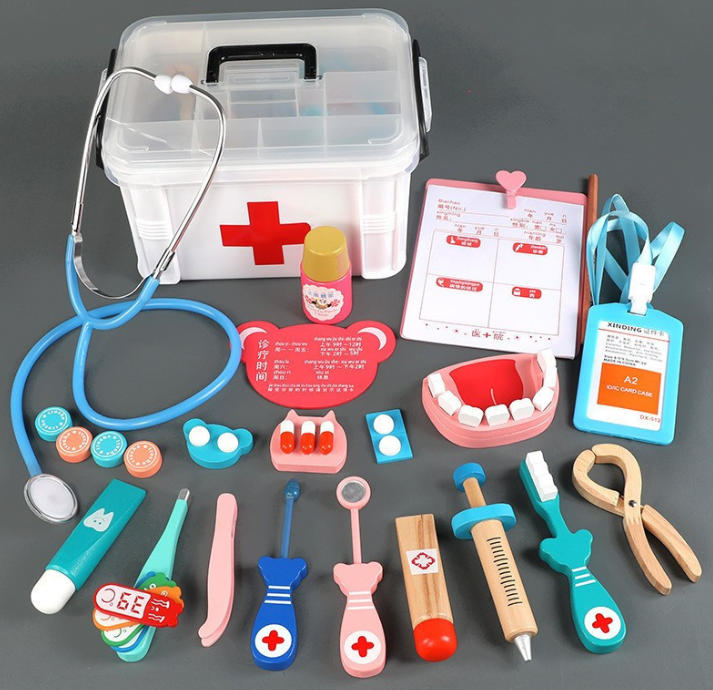 Mini Arztkoffer aus Holz – 14-teiliges Kinder-Doktorspielzeug mit Stethoskop & Blutdruckmessgerät für Rollenspiele ab 3 Jahren