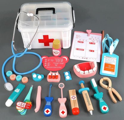 Mini Arztkoffer aus Holz – 14-teiliges Kinder-Doktorspielzeug mit Stethoskop & Blutdruckmessgerät für Rollenspiele ab 3 Jahren