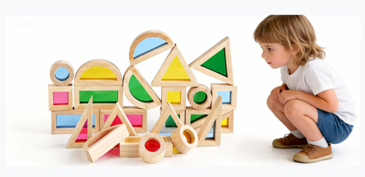 Regenbogen-Lichtblöcke (24 Stück) – Holzspielzeug für Kleinkinder zum Spielen auf Leuchttisch oder am Fenster