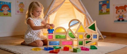 Regenbogen-Lichtblöcke (24 Stück) – Holzspielzeug für Kleinkinder zum Spielen auf Leuchttisch oder am Fenster