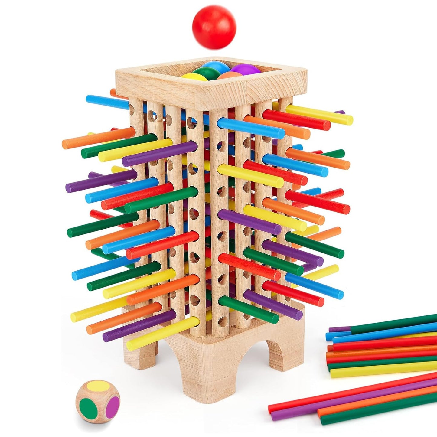 Montessori Holzspiel – Würfel- & Familienspiel mit 42 Holzstäbchen, Feinmotorik Spiel für Kinder ab 3 Jahren (1–6 Spieler)