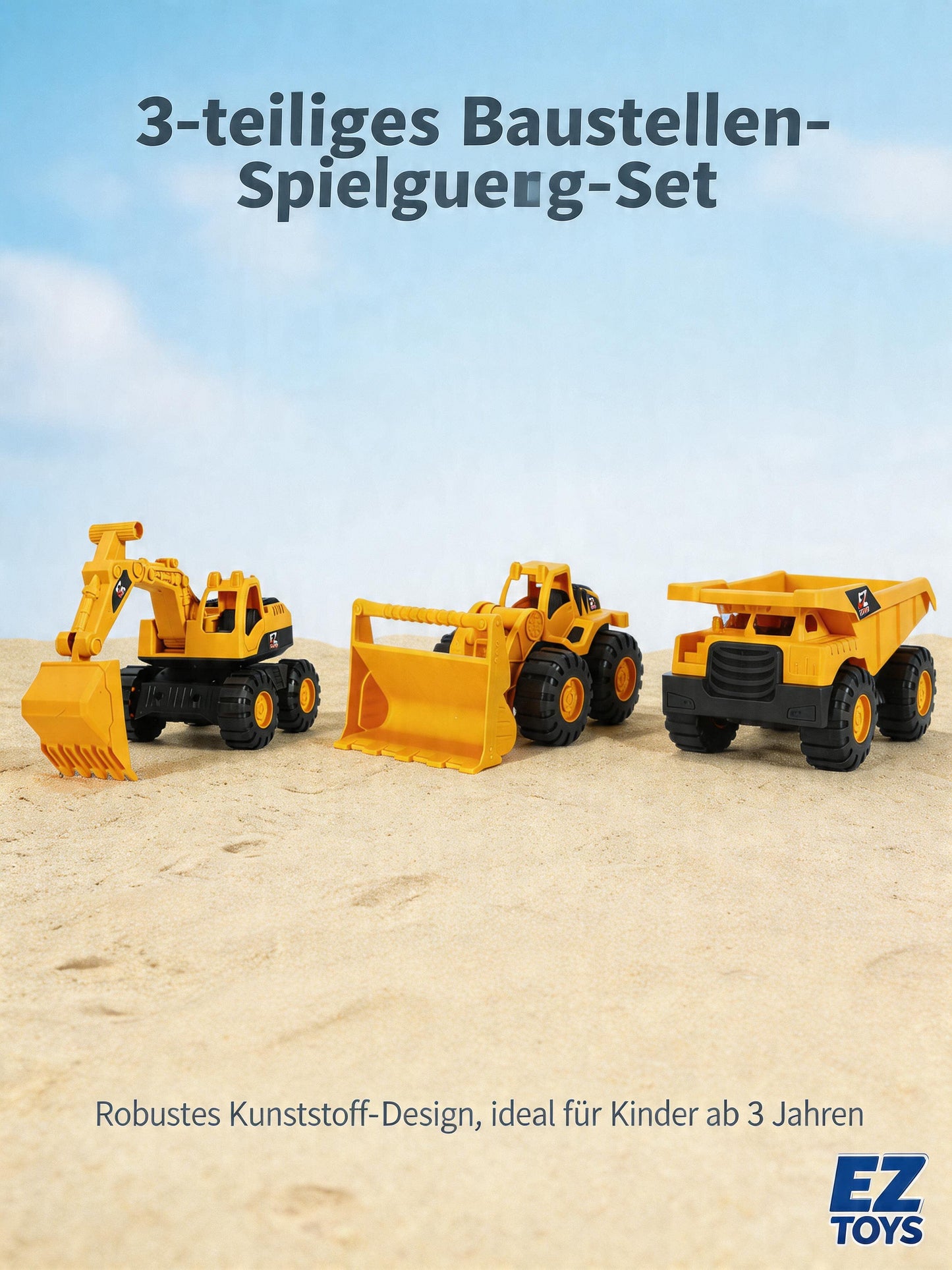 7-Zoll-Baustellen-Spielzeug-Set mit Muldenkipper, Radlader und Bagger für Kinder