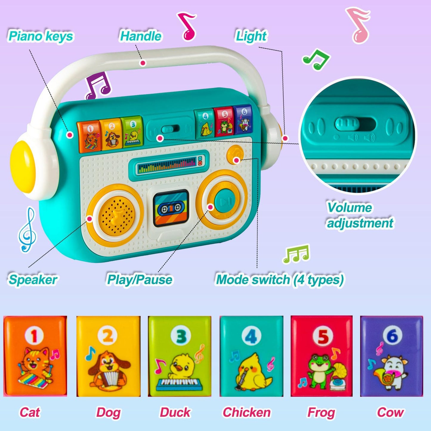 Mein erster Musik-Player für Kinder 2–5 Jahre – 40 Lieder, Aufnahmefunktion, Bluetooth, LED-Licht, Kopfhöreranschluss & Tragegriff | Lernspielzeug mit mobiler Musikkiste