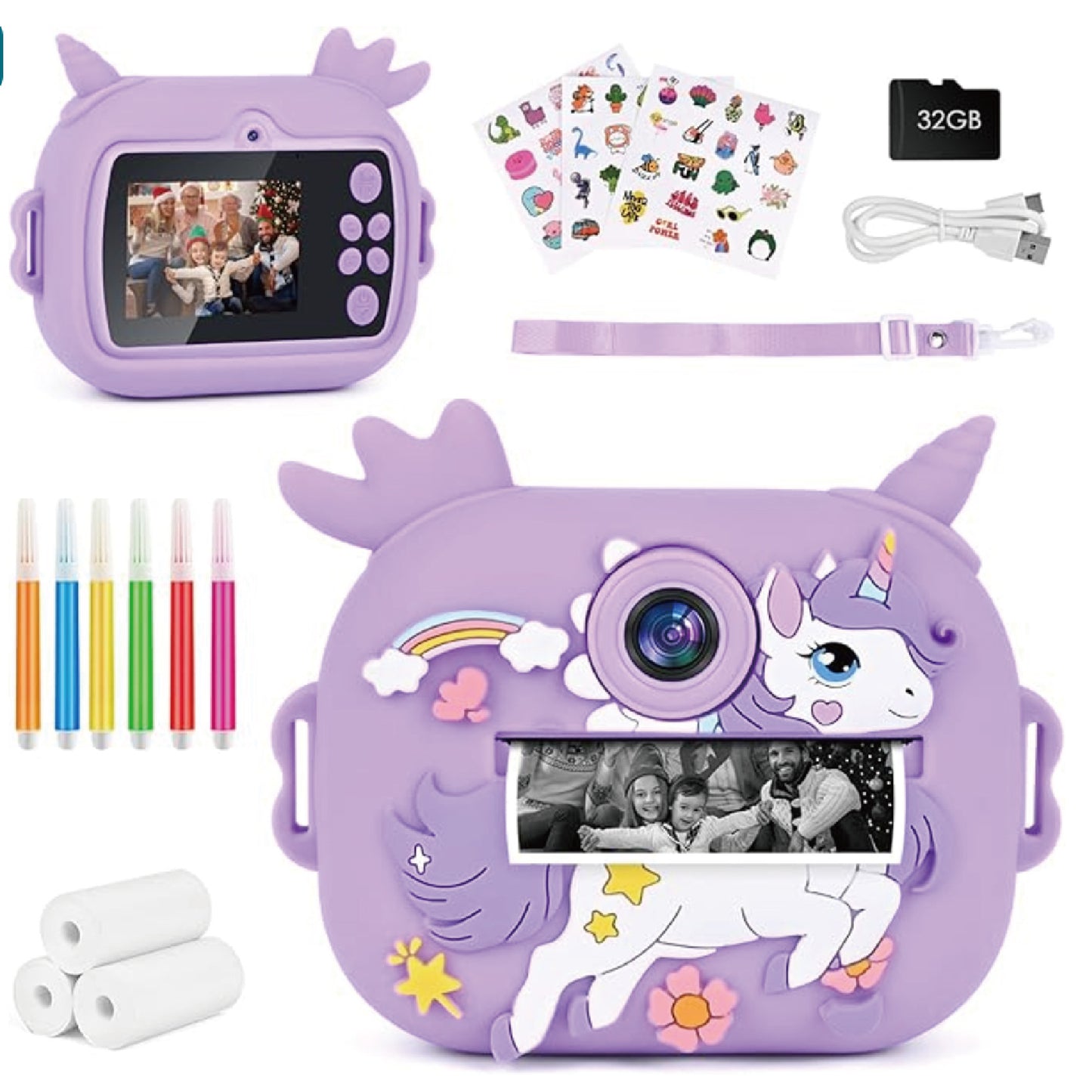 Kinderkamera mit Sofortdruck, 32 GB Speicherkarte, Videofunktion, bunten Stiften und lustigem Zubehör – ideales Geschenk für Mädchen und Jungen ab 3 Jahren (Rosa)