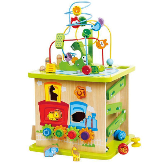 Holz Motorikwürfel Fünfseitig, Montessori Lernspielzeug ab 1 Jahr, Multifunktions Busy Board, fördert Feinmotorik, robust, ideal 1. Geburtstagsgeschenk