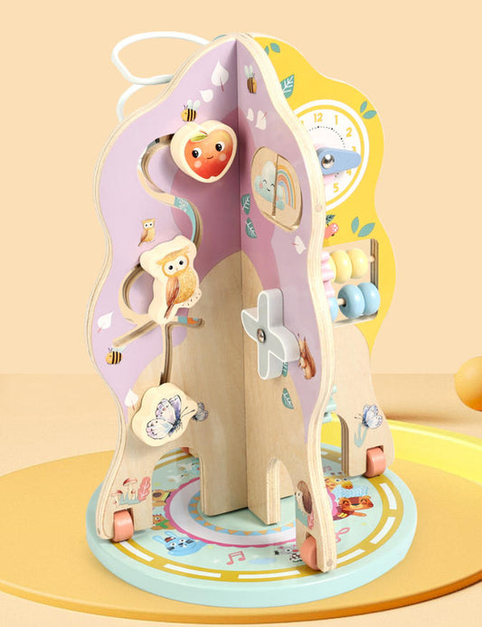 10-in-1 Aktivitätsbaum aus Holz – Montessori Lernspielzeug mit Motorikschleifen, Zahnrädern, Spiegel und Uhr für Kinder ab 12 Monaten