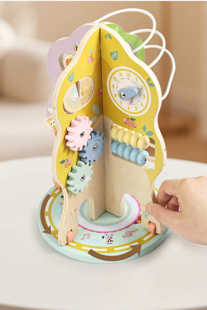 10-in-1 Aktivitätsbaum aus Holz – Montessori Lernspielzeug mit Motorikschleifen, Zahnrädern, Spiegel und Uhr für Kinder ab 12 Monaten