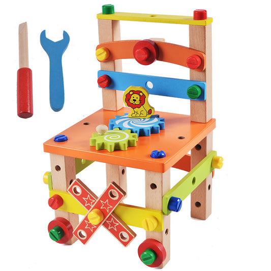 Mehrfunktionaler Holzstuhl für Kinder – 49-teiliges Werkzeugbank-Bausatz mit Lernspielzeug ab 3 Jahren, kreatives Konstruktionsset zum Basteln und Spielen, pädagogisch wertvolles Handwerksspiel als Geschenkidee