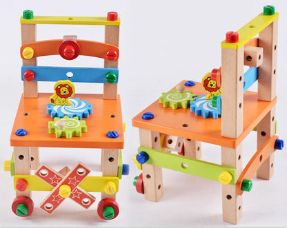 Mehrfunktionaler Holzstuhl für Kinder – 49-teiliges Werkzeugbank-Bausatz mit Lernspielzeug ab 3 Jahren, kreatives Konstruktionsset zum Basteln und Spielen, pädagogisch wertvolles Handwerksspiel als Geschenkidee