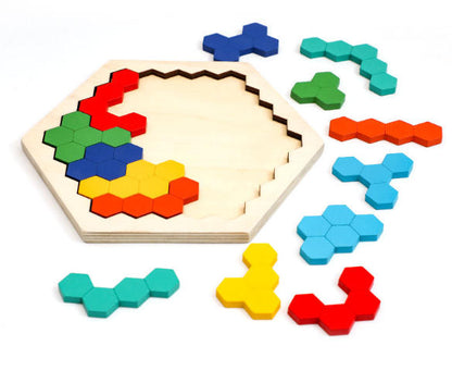 Hölzernes Sechseck-Puzzle – Geometrisches Tangram-Spiel zur Förderung von Logik, IQ und räumlichem Denken für alle Altersgruppen