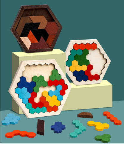 Hölzernes Sechseck-Puzzle – Geometrisches Tangram-Spiel zur Förderung von Logik, IQ und räumlichem Denken für alle Altersgruppen