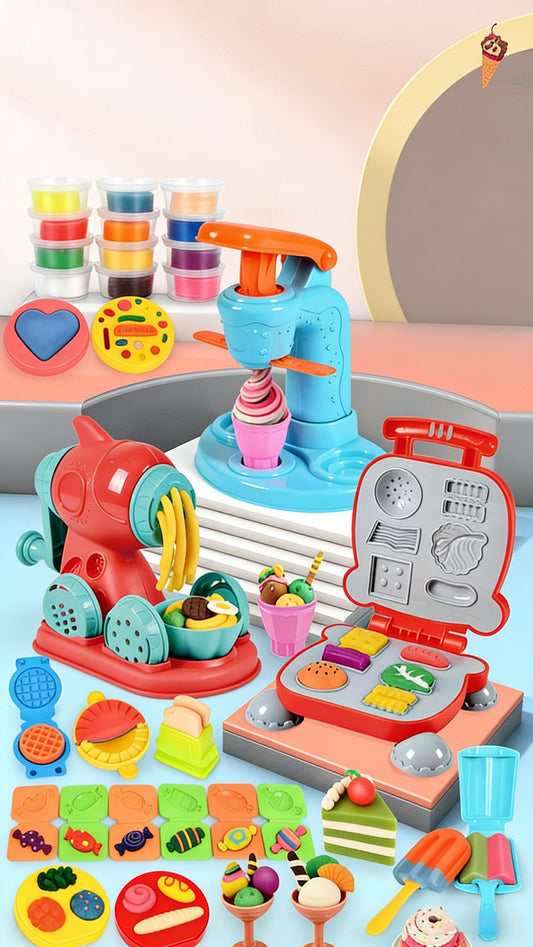 4-in-1 Knetset für Kinder ab 3 Jahren – 73-teiliges Spielzeug mit Eismaschine, Burgerpresse, Nudelmaschine & Kuchenformen, inkl. 24 Knetmassen und Werkzeugen als Geschenk für Jungen & Mädchen