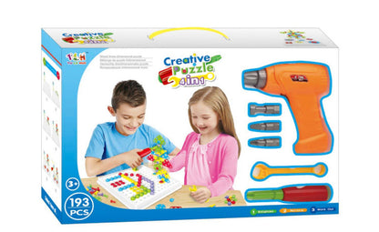 Mosaik-Steckspiel ab 3 Jahren mit elektrischer Bohrmaschine – 224-teiliges Montessori-Werkzeugset für Jungen und Mädchen, kreatives Schraubenspielzeug als Geschenk für 3- bis 4-Jährige