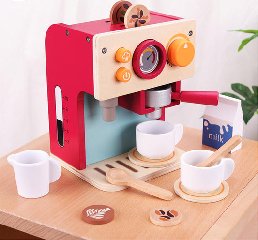 Kinder Kaffeemaschine aus Holz – Spielküchen-Zubehör mit Milchkännchen, pädagogisches Rollenspiel-Set ab 3 Jahren, Montessori-Spielzeug für Jungen und Mädchen