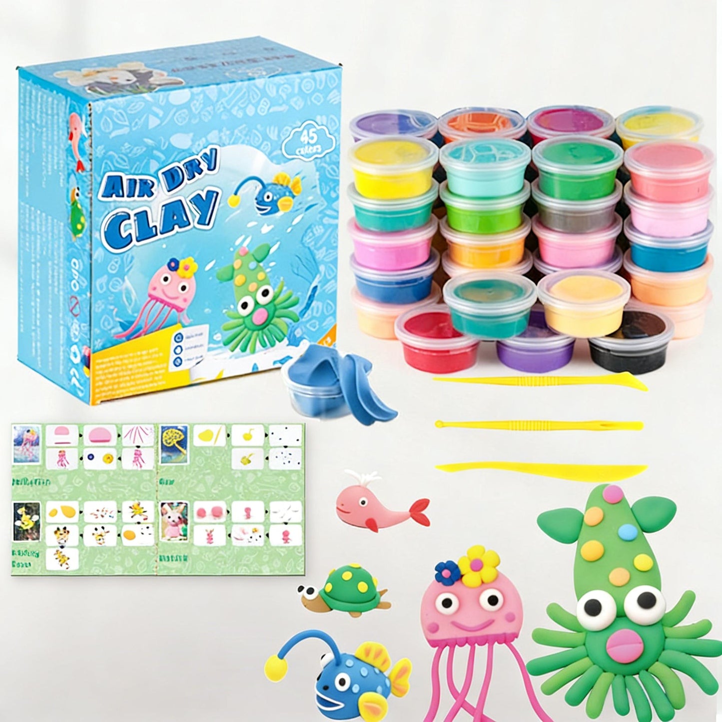 45 Farben Lufttrocknende Modelliermasse für Kinder – Magische Knete Set mit Werkzeugen & Anleitung, Sicheres Bastelspielzeug - Spileo