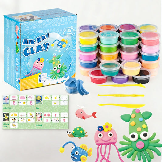 45 Farben Lufttrocknende Modelliermasse für Kinder – Magische Knete Set mit Werkzeugen & Anleitung, Sicheres Bastelspielzeug - Spileo