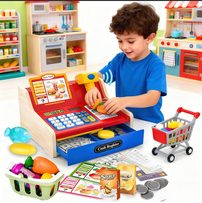 Kinderkasse aus Holz – Spielzeug-Registrierkasse mit Scanner, Soundeffekten & Zubehör für Kinder ab 3 Jahren (Rot/Blau)