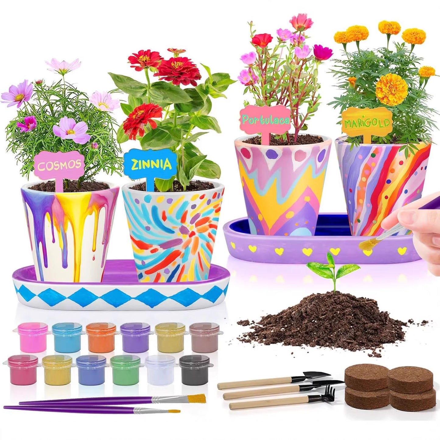 Keramik-Bemal-Set mit 6 Blumentöpfen – Kreatives Mal- und Pflanzset für Kinder ab 5 Jahren, ideal als Ostergeschenk oder Geburtstagsbastelset für Mädchen und Jungen