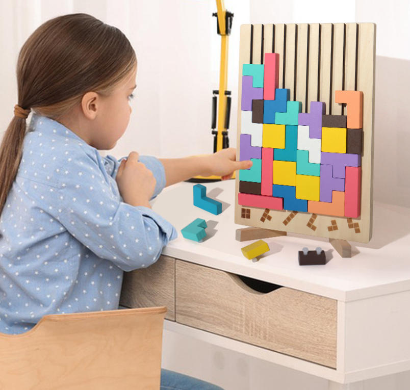 Holzpuzzle für Kinder – 3D Stapelspiel mit 10 Motivkarten, bunte Holzbausteine mit Halterung zum Lernen und Spielen
