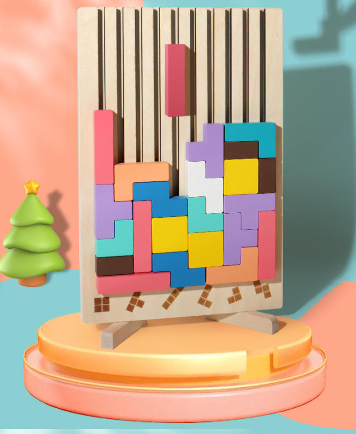 Holzpuzzle für Kinder – 3D Stapelspiel mit 10 Motivkarten, bunte Holzbausteine mit Halterung zum Lernen und Spielen