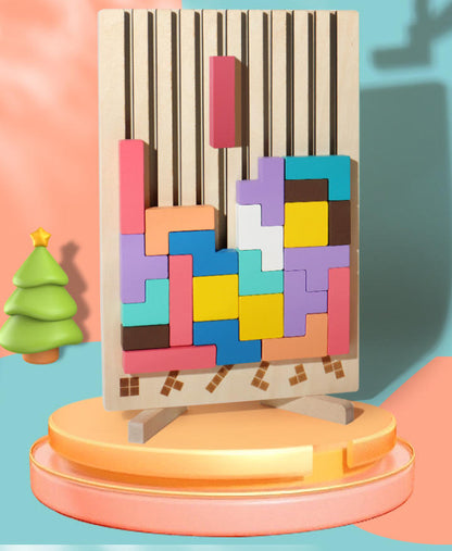 Holzpuzzle für Kinder – 3D Stapelspiel mit 10 Motivkarten, bunte Holzbausteine mit Halterung zum Lernen und Spielen