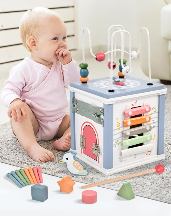 Nachhaltiger Motorikwürfel aus FSC®-Holz – Baby-Spielwürfel ab 1 Jahr | Montessori Activity Center mit vielfältigen Spielmöglichkeiten